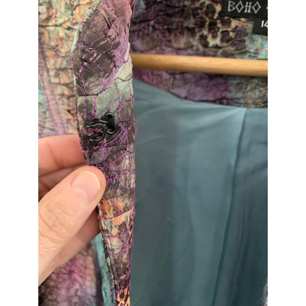 BOHO CHIC Textured Animal Print Jacket Teal Purple Orange Gold Button SZ 14 - Picture 4 of 11